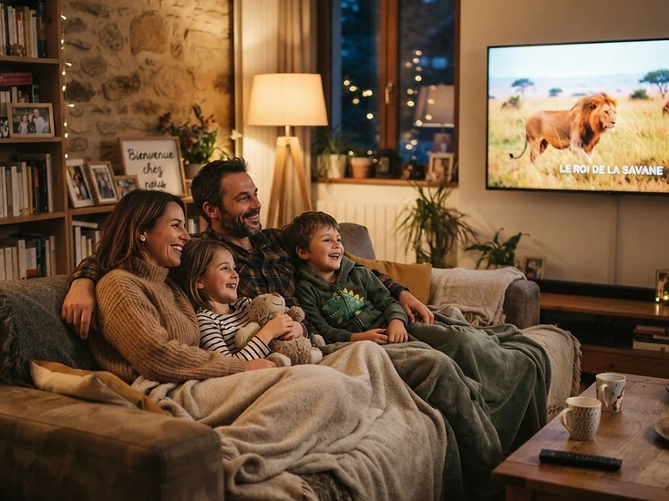 Famille française regardant la télévision dans un salon chaleureux