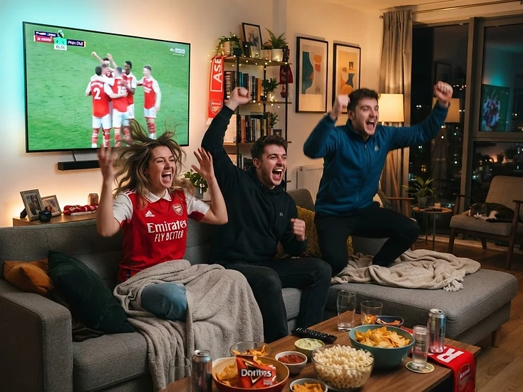 Amis regardant un match de football sur un téléviseur 4K