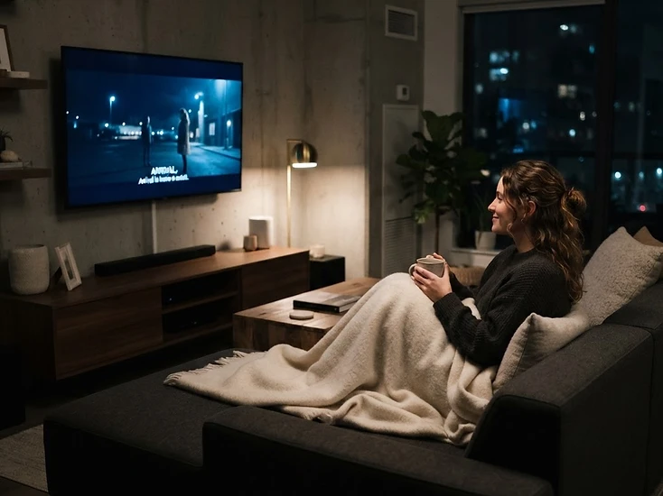 Femme regardant un film sur son téléviseur, détendue sur un canapé