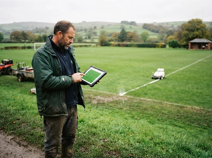 A groundskeeper reviewing a GPS grid on a tablet while the robotic marker works