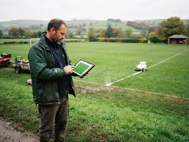 A groundskeeper reviewing a GPS grid on a tablet while the robotic marker works