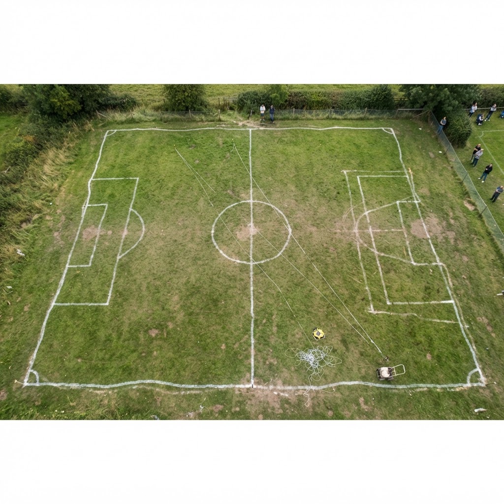 Football pitch with poorly marked, uneven manual lines