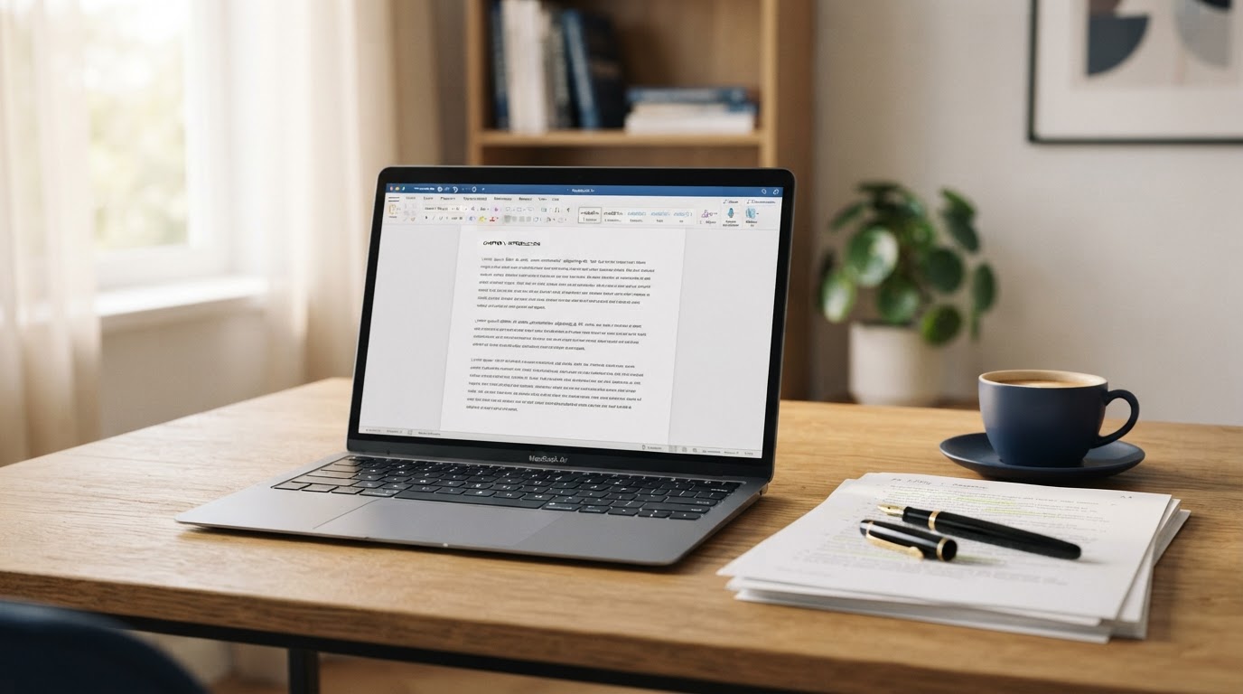 A student desk with a laptop showing an academic essay being written, papers, and a coffee cup