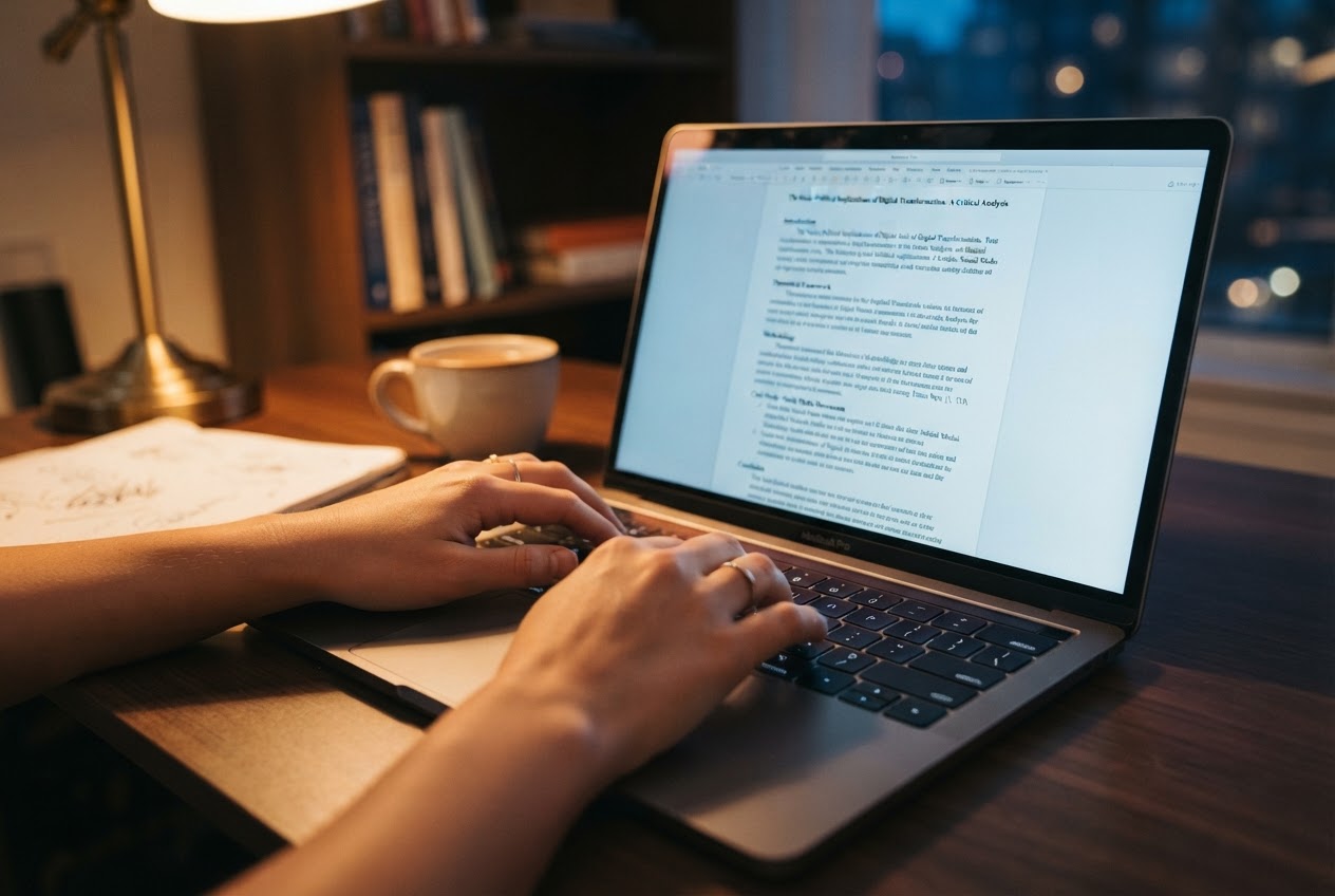 Close-up of hands typing an academic essay on a laptop keyboard