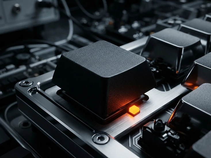 Macro detail of a mechanical keyboard with an orange indicator light