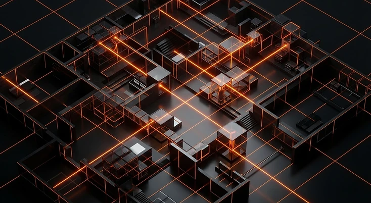 Abstract blueprint grid with orange laser lines