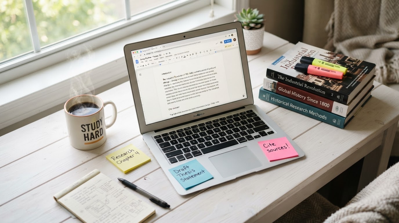Espacio de trabajo estudiantil con laptop, libros y café — escribiendo un trabajo