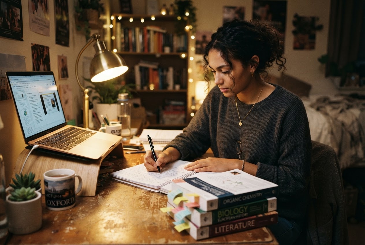 Student studying at a desk with laptop, textbooks, and warm desk lamp