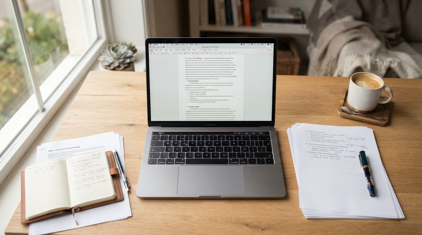 مكتب طالب نظيف مع حاسوب محمول وأوراق