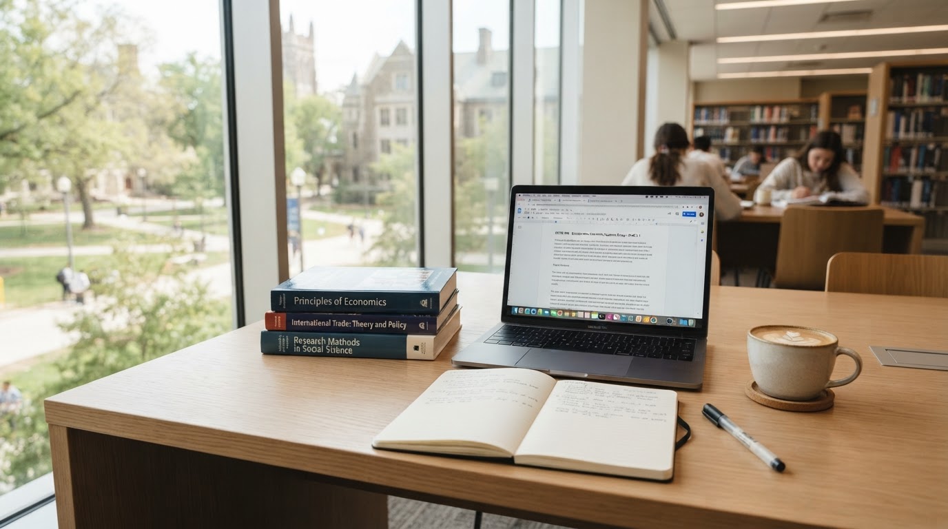 A bright university study desk with a laptop, textbooks, and coffee — representing coursework help services