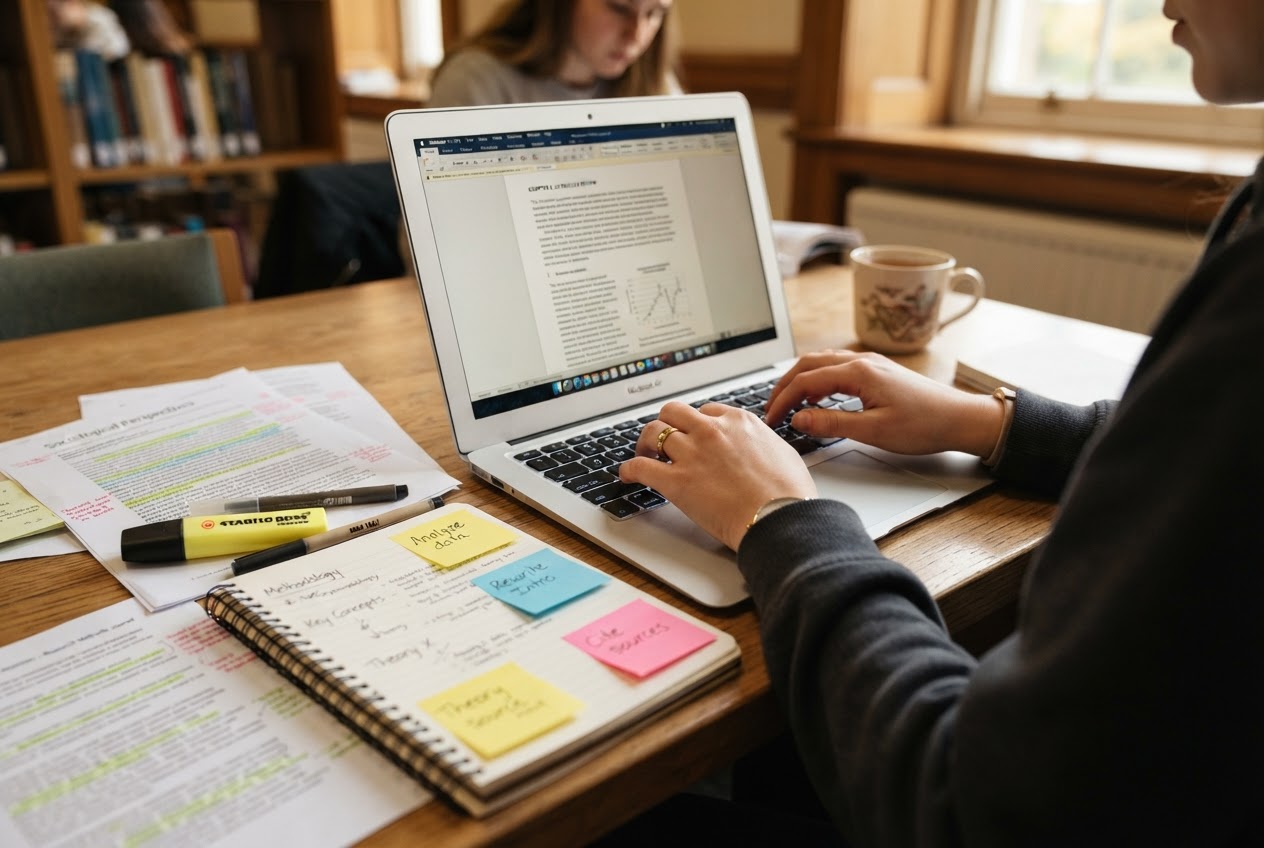 A student typing on a laptop with academic papers and notes on the desk — coursework help in progress