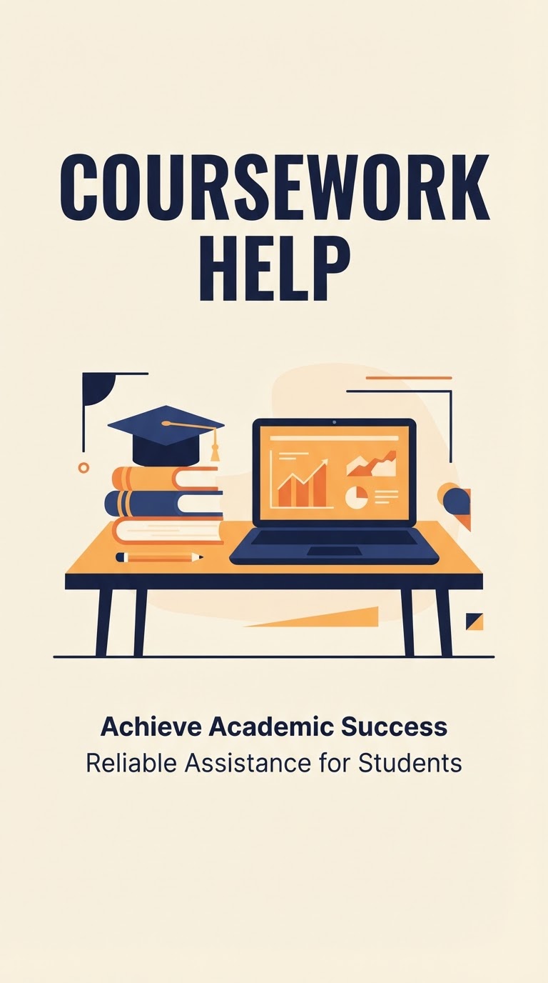 Coursework Help — vertical Pinterest pin with the site title and study desk illustration