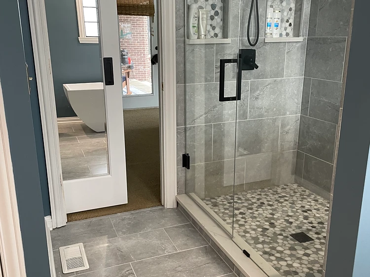 Gray Tile Walk In Shower Remodel in Sun City Center, FL