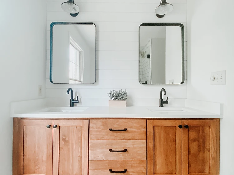 Wood Double Vanity Bathroom Design in Tampa, FL