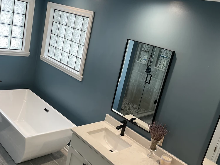 White Vanity Blue Bathroom Remodel in Tampa, FL