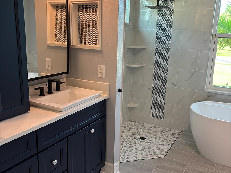 Navy Vanity Walk In Shower Design in Tampa, FL