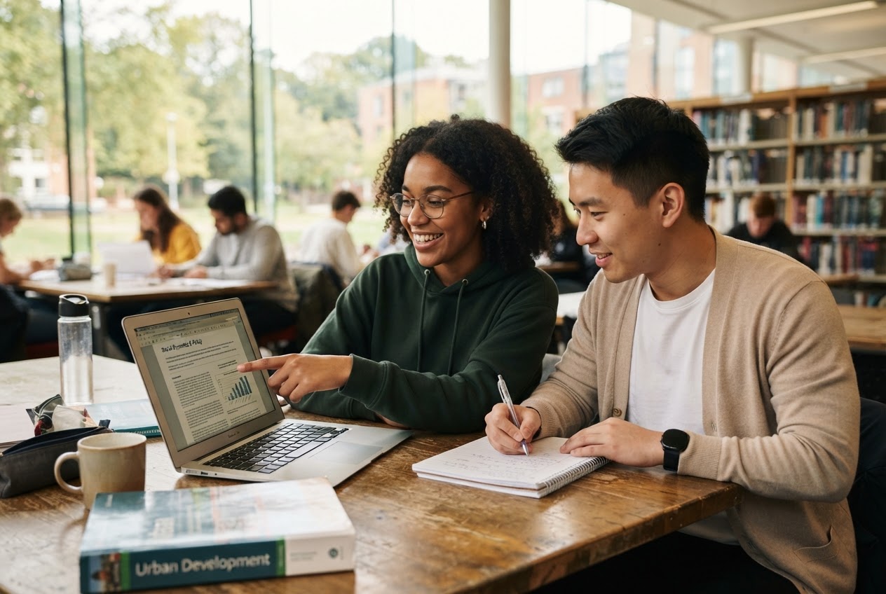 Two university students collaborating on a research paper in a library