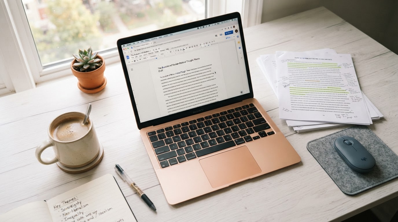 Student workspace with laptop, academic papers, and coffee on a clean white desk