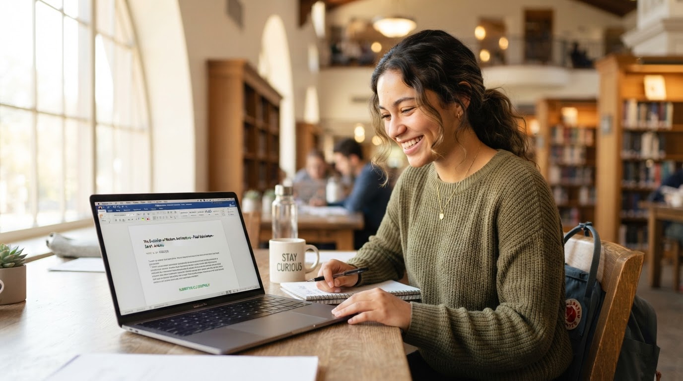 Relieved university student smiling while reviewing a completed essay on their laptop