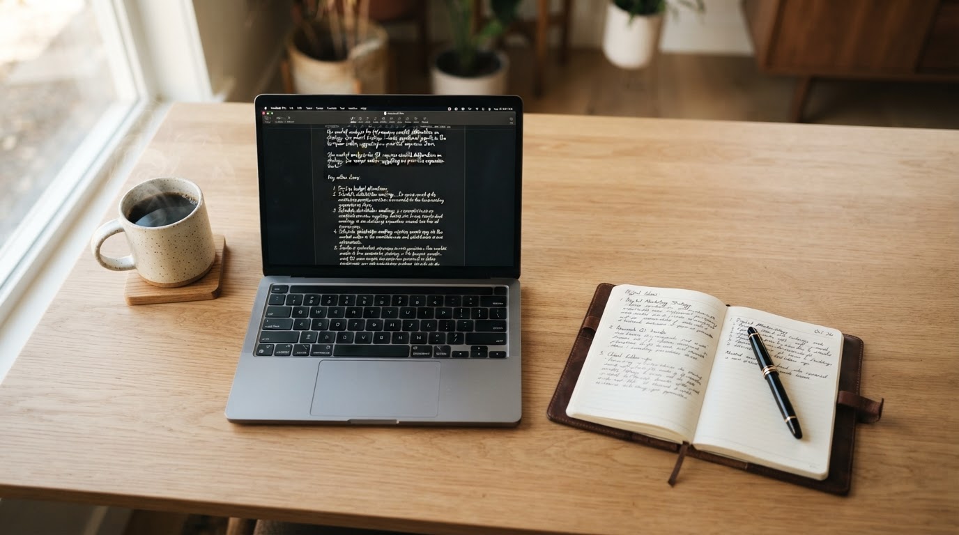 Services de rédaction d'articles — bureau avec ordinateur et café