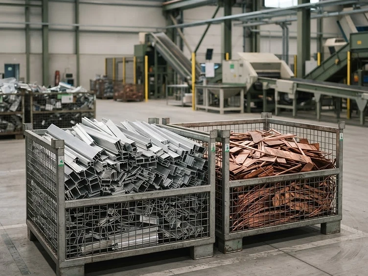 Sorted recycled non-ferrous metal scrap at an industrial recycling facility