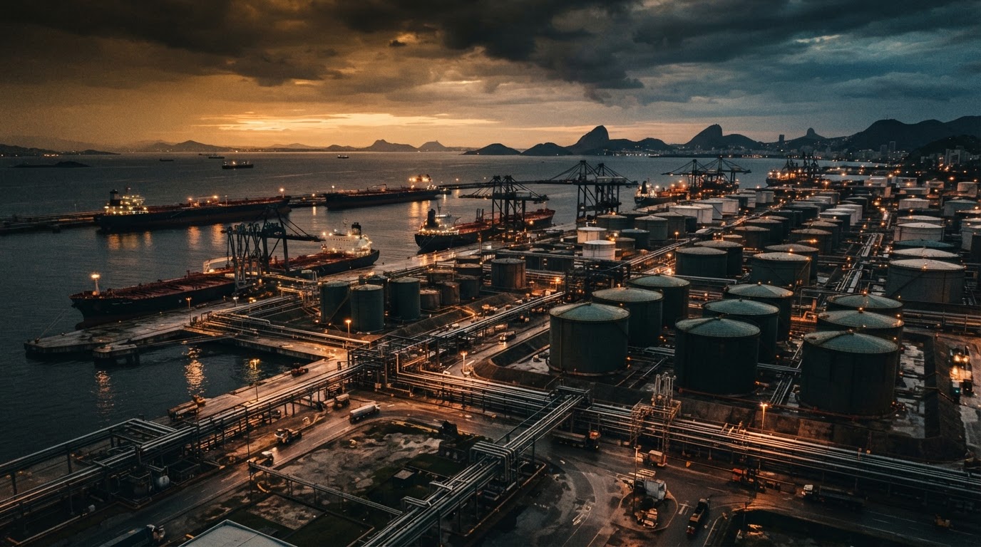 Brazilian industrial port terminal at dusk