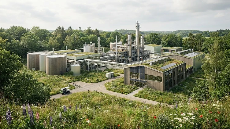 European renewable fuel refinery in a green landscape