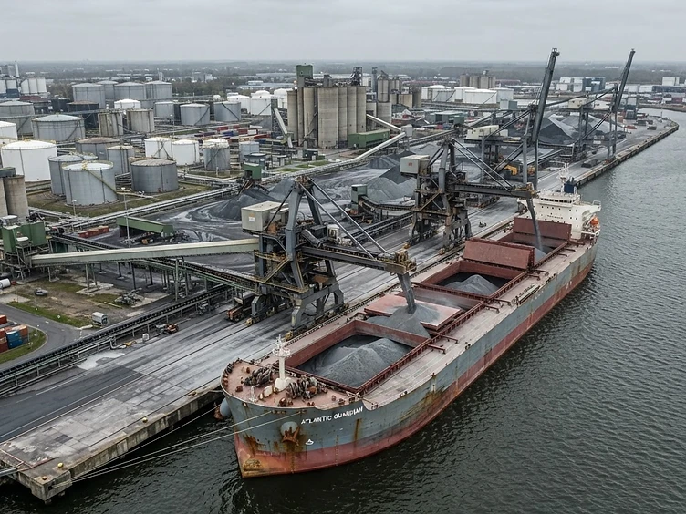 Bulk cargo ship loading industrial feedstock at a port terminal