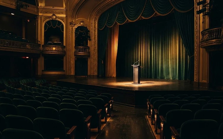 Speaking stage: empty auditorium with warm light