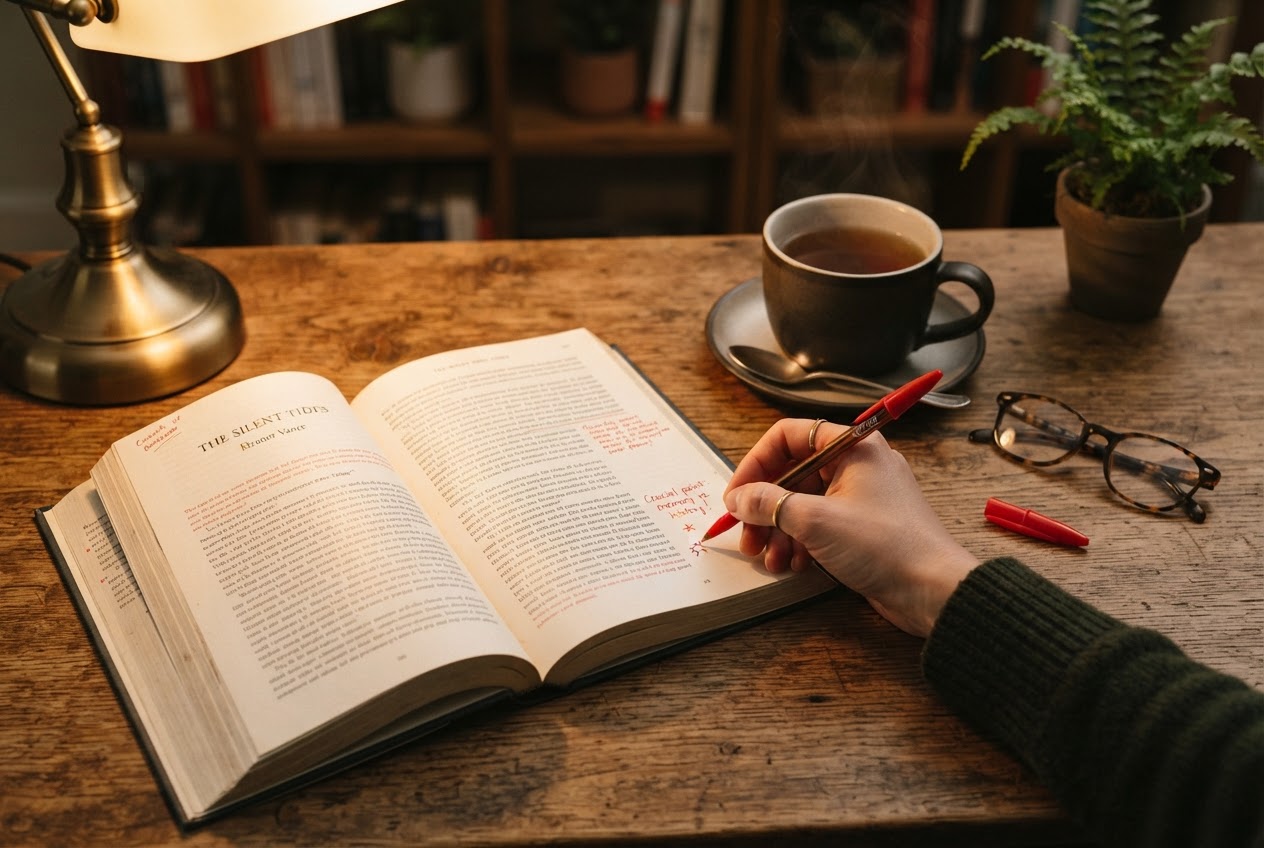 Open book with handwritten notes and red pen, representing the revision process