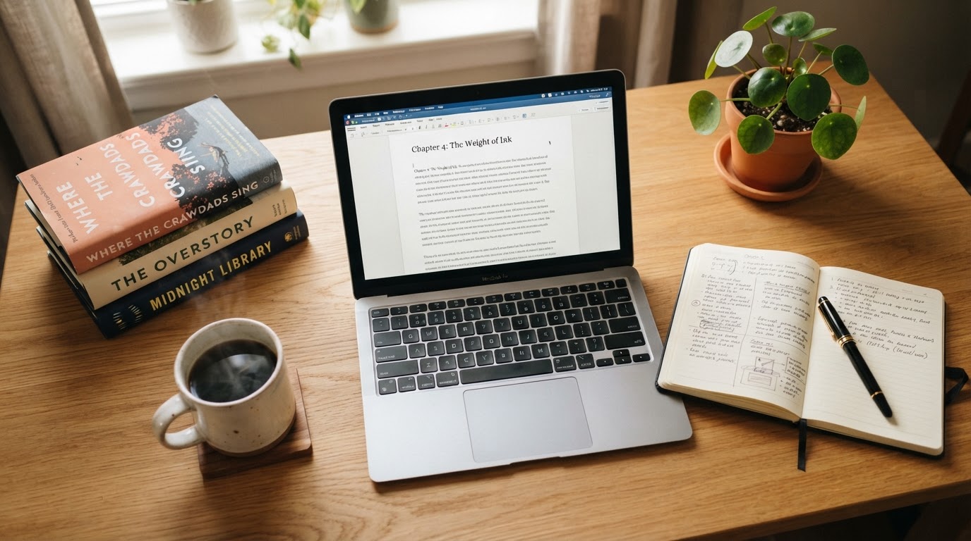 Professional eBook writing workspace with laptop, books, coffee, and notebook