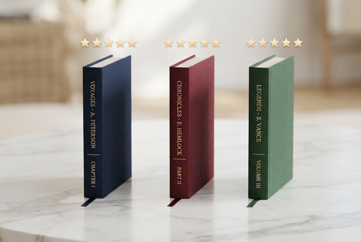 Three books compared side by side representing eBook writing service rankings