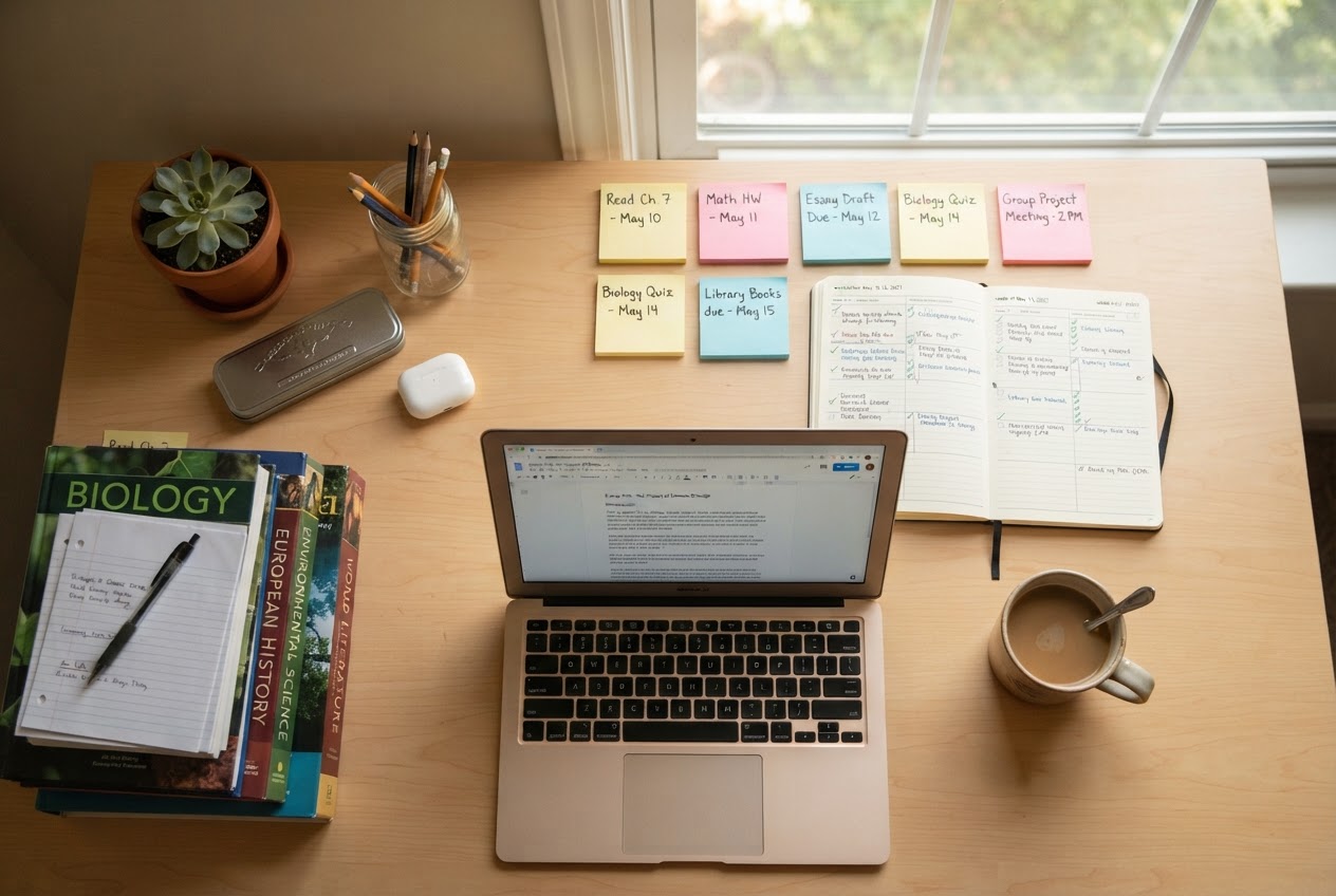Student desk with laptop, sticky notes, planner and textbooks