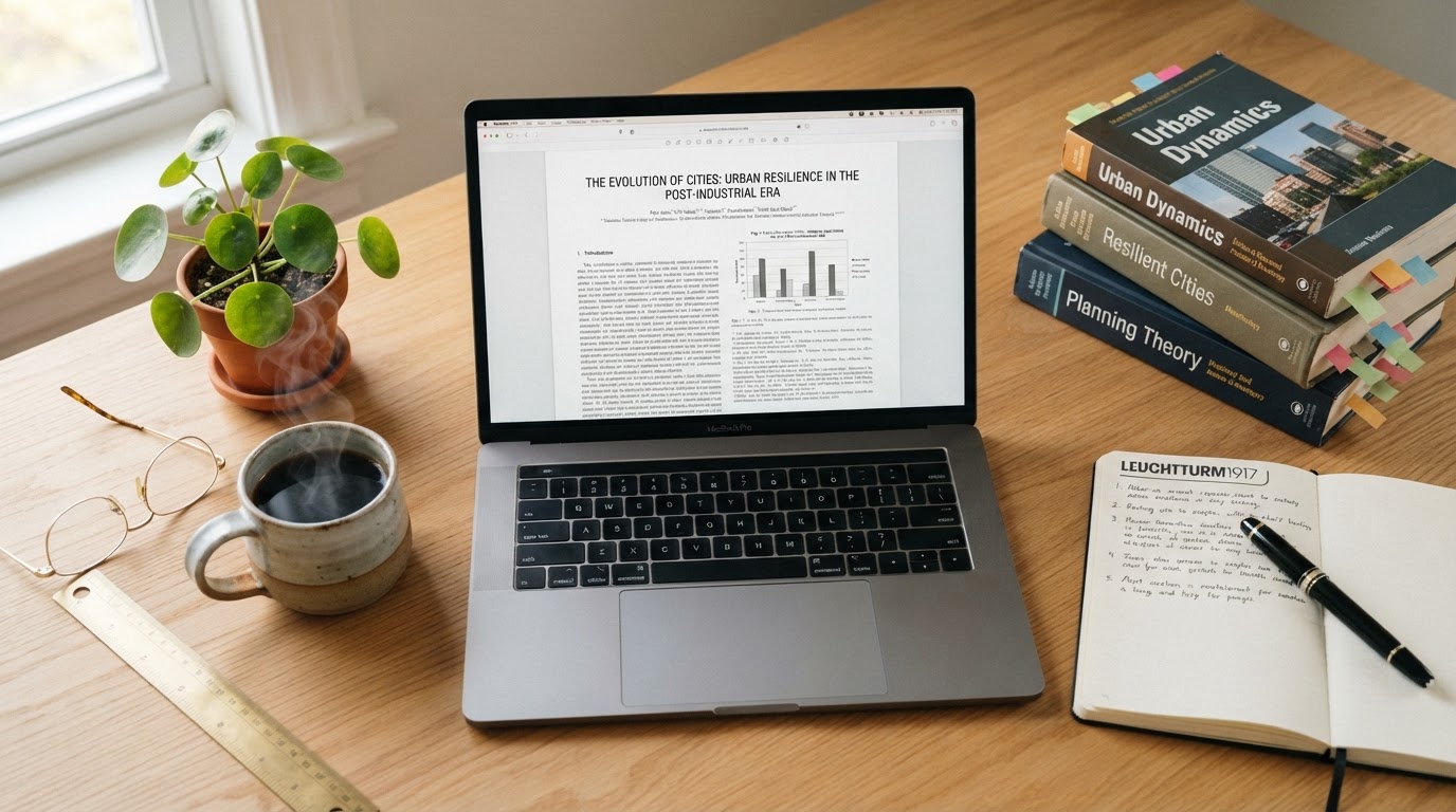 Professional academic workspace with laptop showing a research paper, textbooks, and coffee on a wooden desk