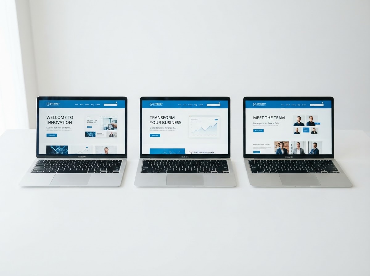Three laptops showing different custom paper writing service websites for comparison