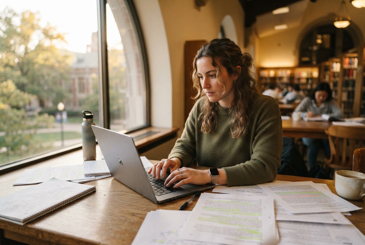 Student writing a research paper on a laptop in a university library with books and notes