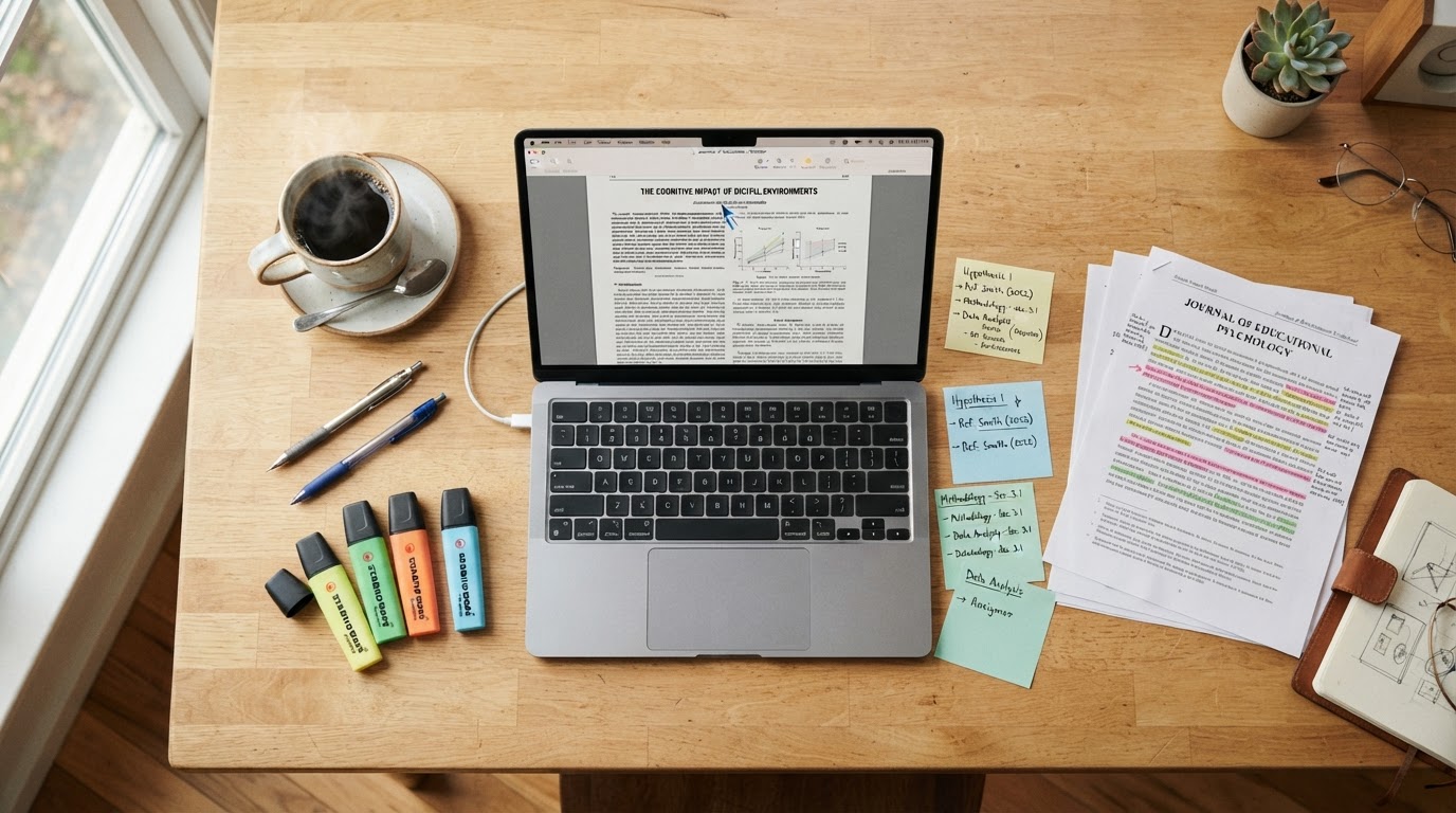Academic workspace with laptop, research papers, coffee, and study materials on a wooden desk