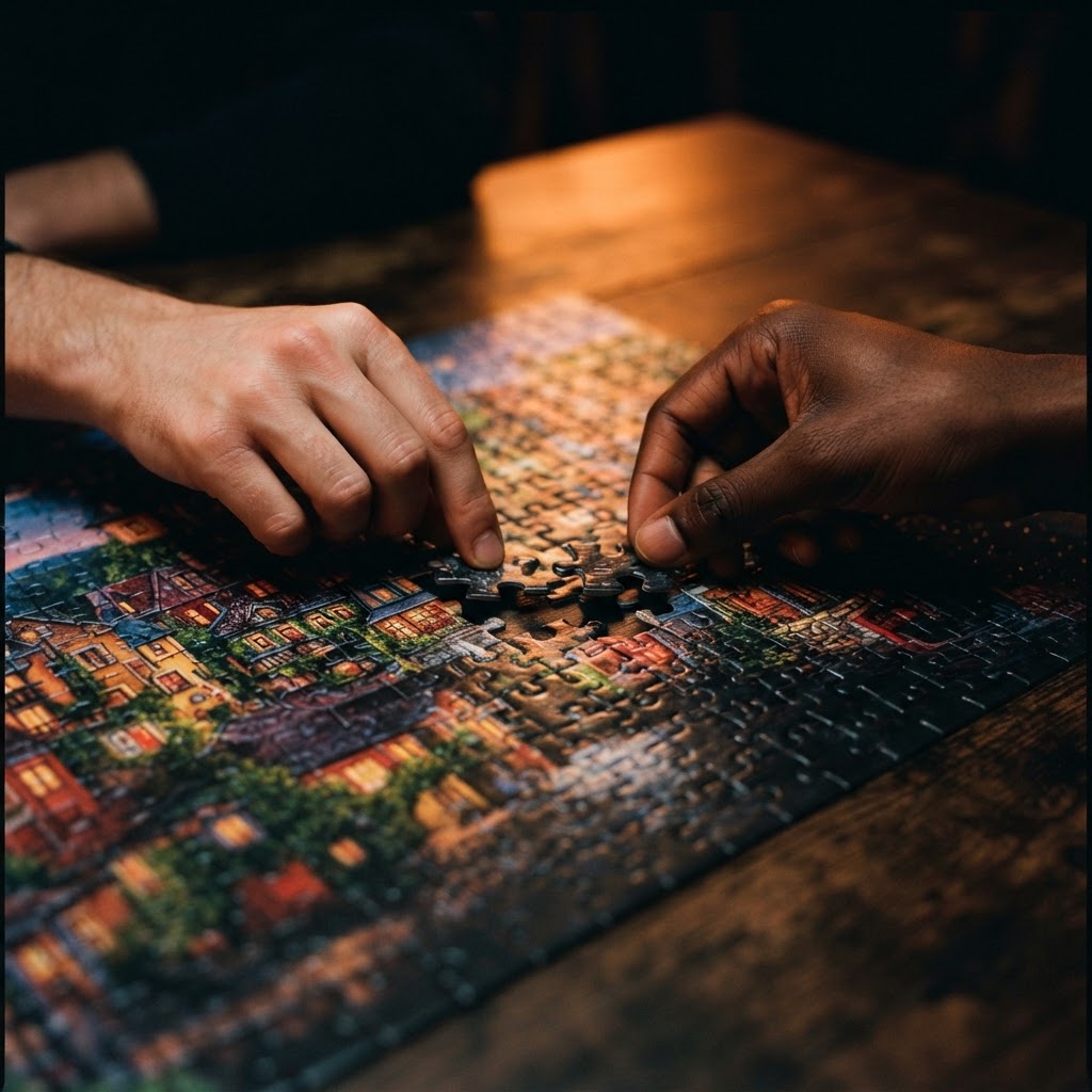 Two pairs of hands of different skin tones placing jigsaw puzzle pieces into a nearly finished jigsaw puzzle