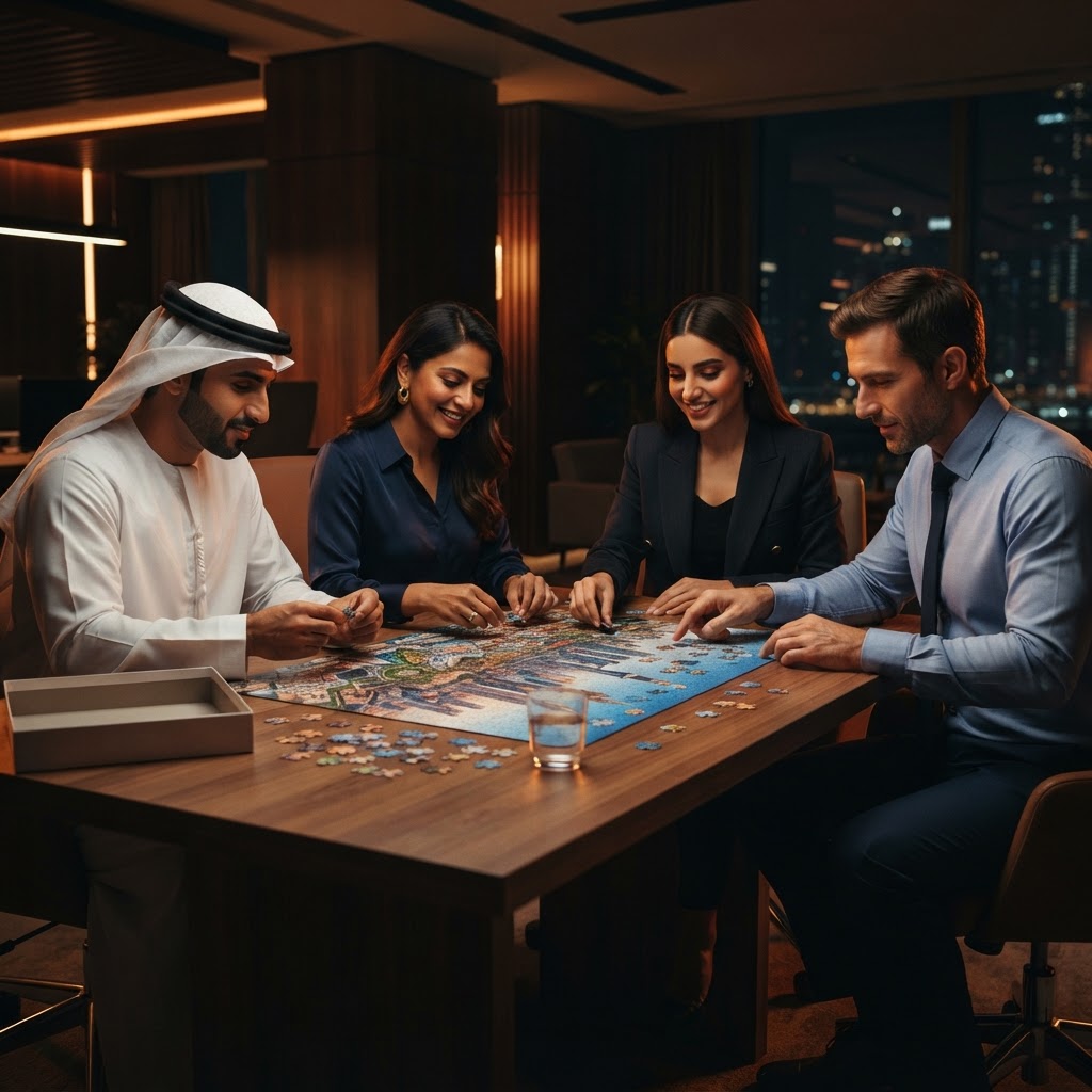 Four colleagues solving a jigsaw puzzle at one table in a modern office meeting room