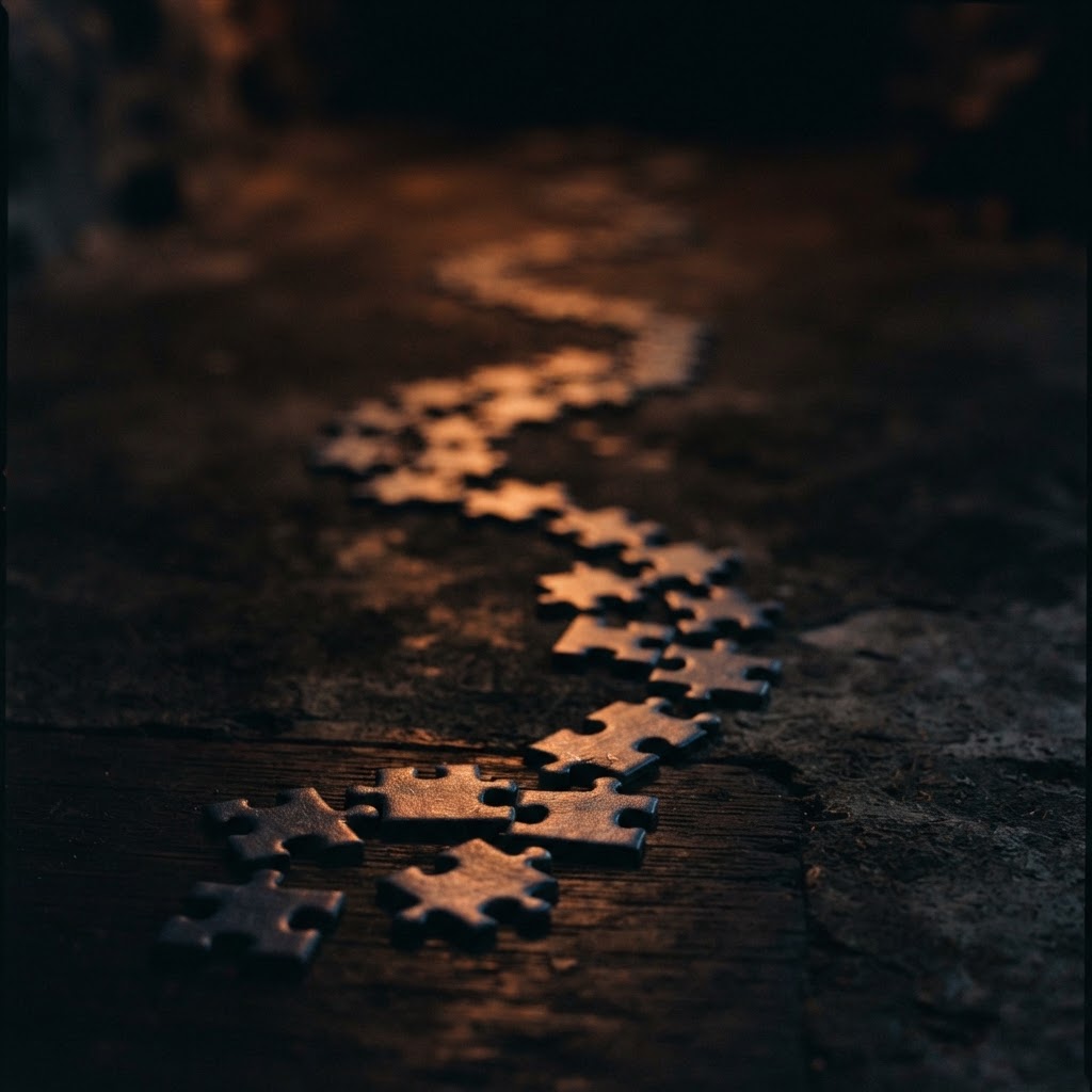 A line of jigsaw puzzle pieces laid out like a path stepping forward across a dark surface under dramatic light