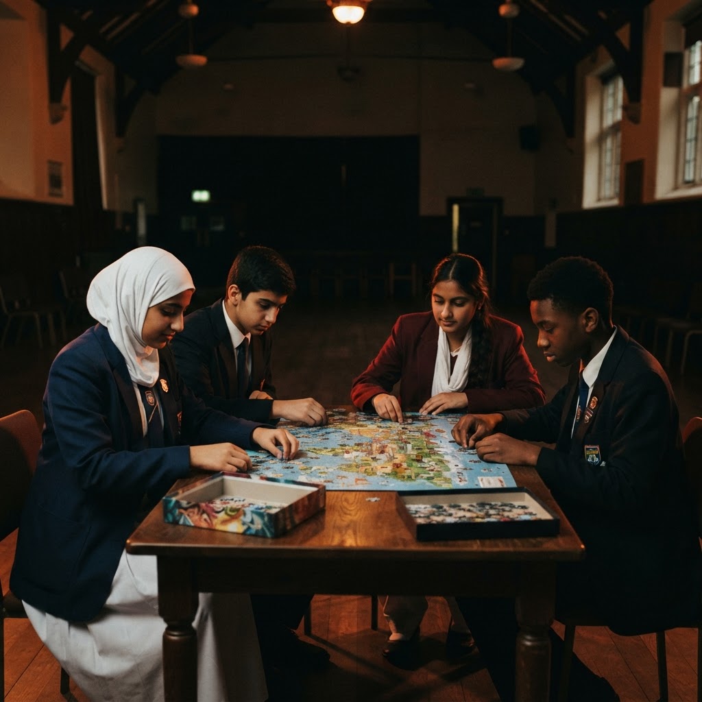 Four secondary school students in school uniforms solving a jigsaw puzzle at one table in a school hall