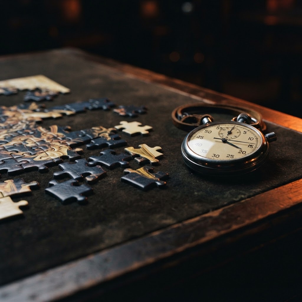 Jigsaw puzzle pieces arranged beside a competition stopwatch on a dark table