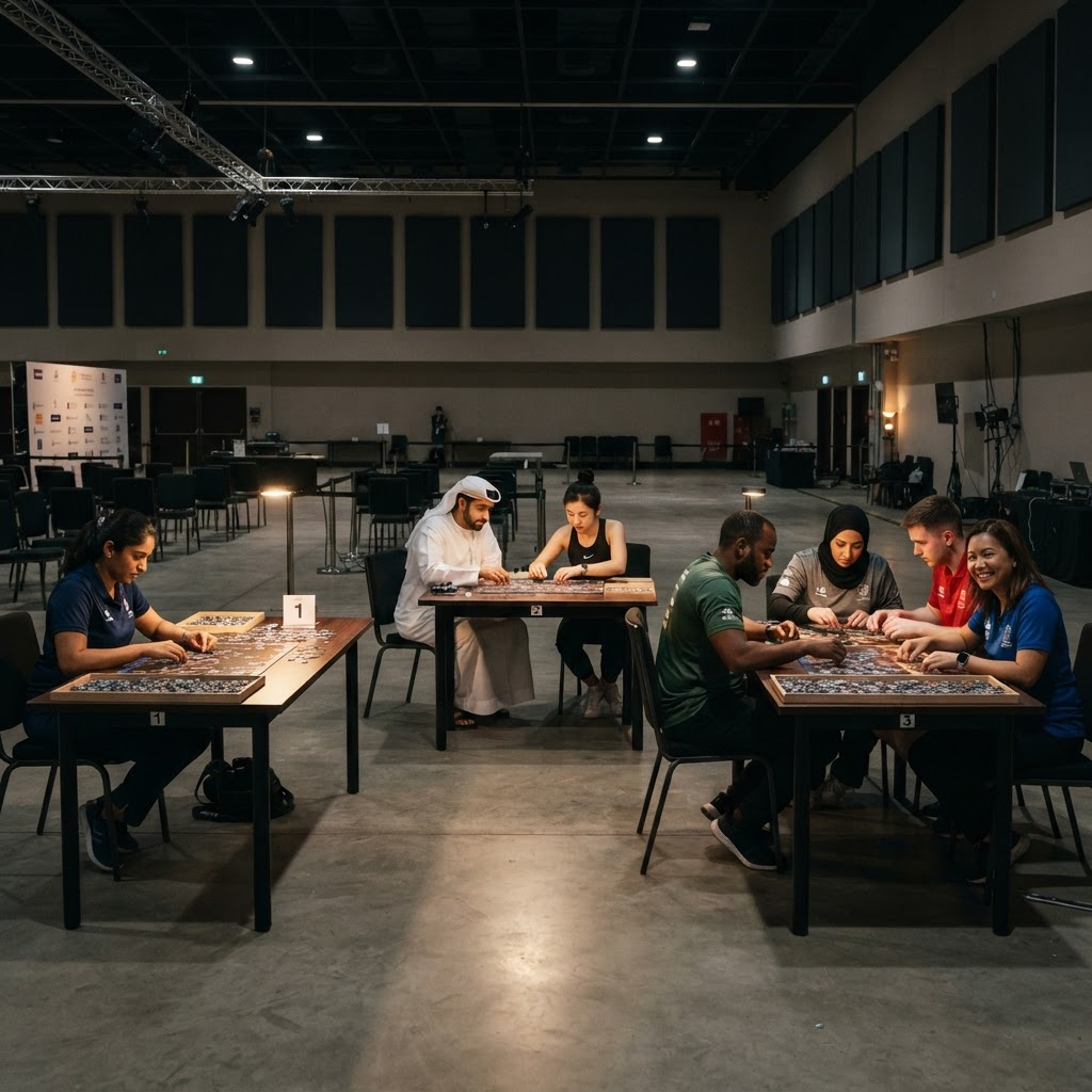 A competition room with an individual, a duo and a team of four working on jigsaw puzzles at three separate tables
