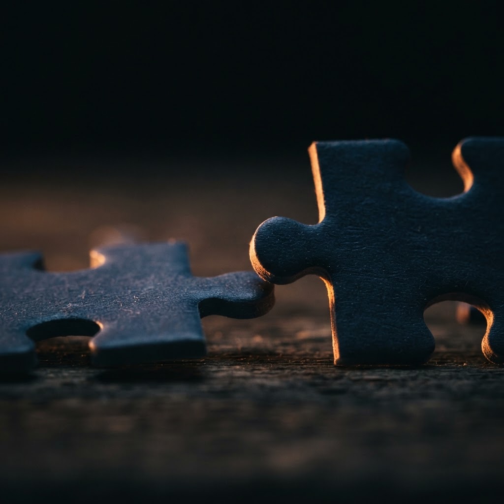 Two jigsaw puzzle pieces locking together on a dark surface, lit by warm orange light