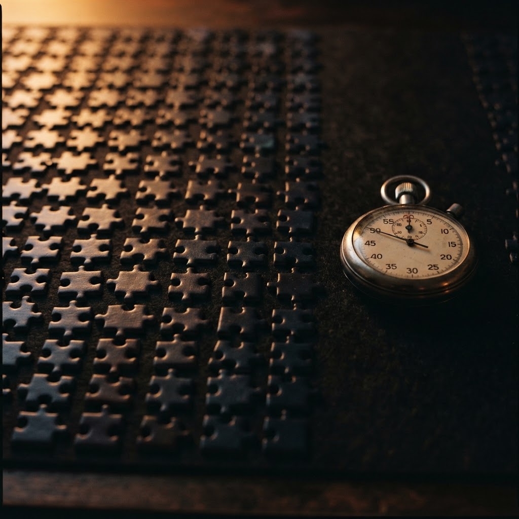 Neatly sorted jigsaw puzzle pieces laid out in rows beside a competition stopwatch on a dark table