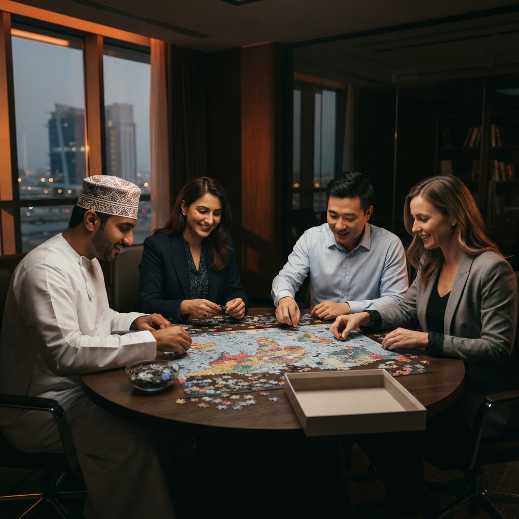 Four colleagues of Omani, Pakistani, East Asian and Western background solving a jigsaw puzzle at a table in a modern office meeting room