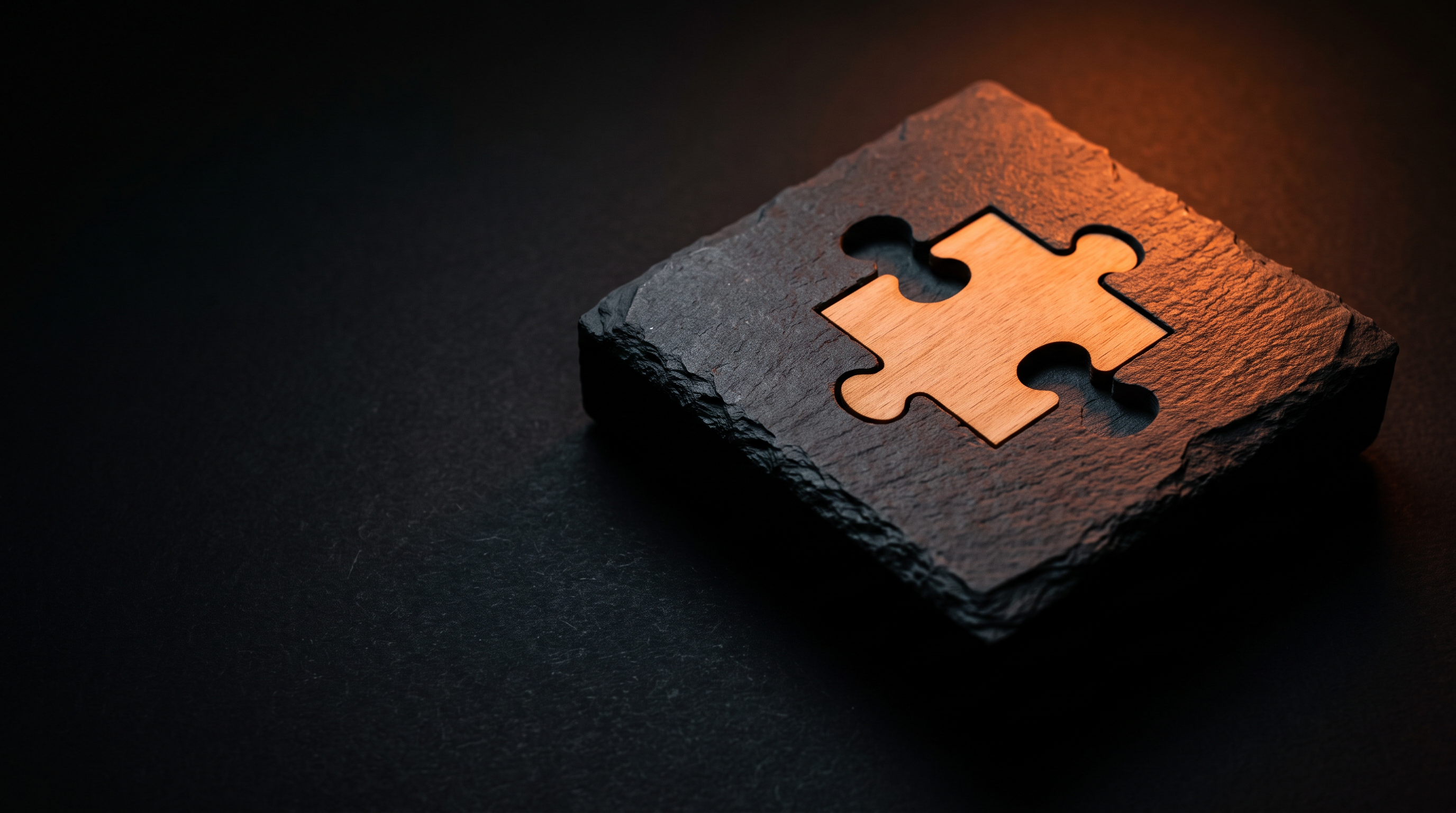 A single jigsaw puzzle piece resting inside a shallow recess cut into a dark slate block under warm orange light