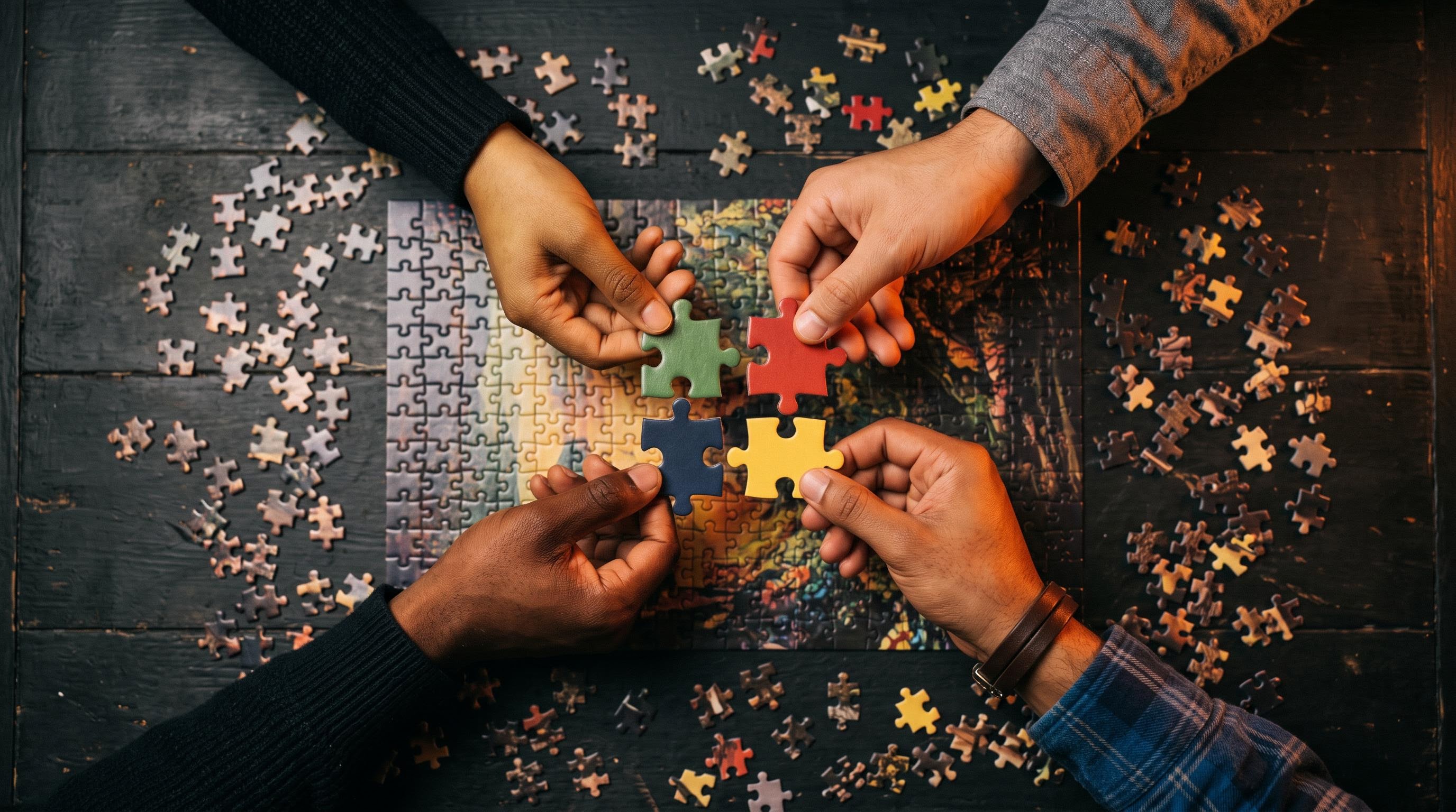 Four hands of four different skin tones meeting at the centre of a dark table, each placing a piece that locks into the same nearly finished jigsaw puzzle