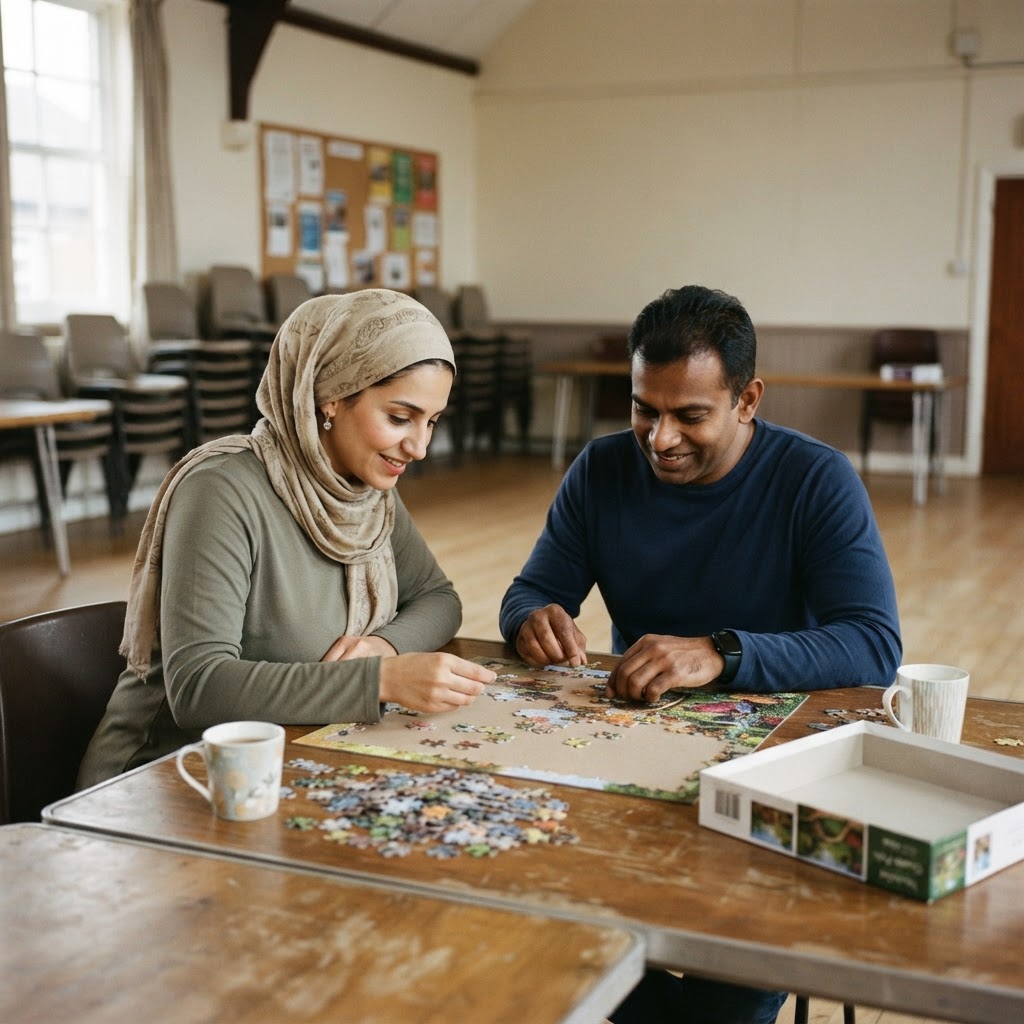 Two adults working together on one jigsaw puzzle at a table in a community venue