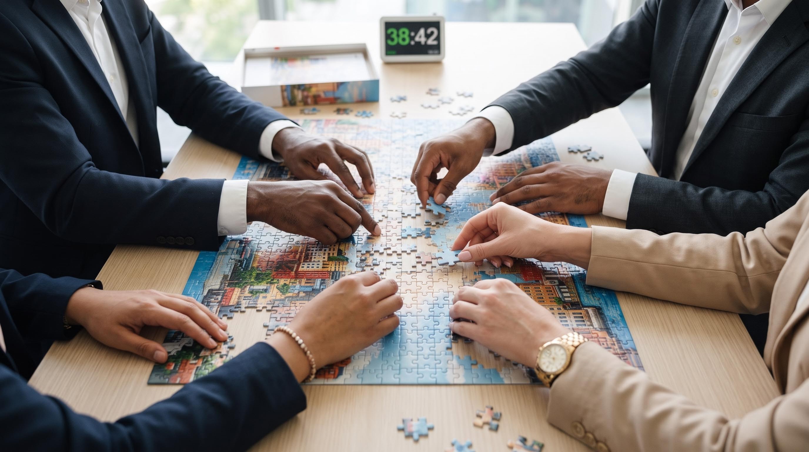 The hands of four colleagues, two women and two men, working together on one jigsaw puzzle at a light wooden table in a bright office, with a competition timer behind them